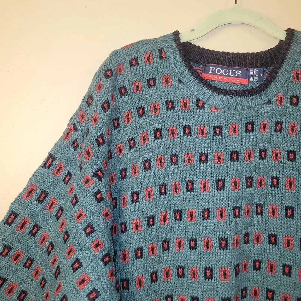 Vintage Sage Green & Red Sweater Jumper by John Weitz Made in the USA Size Large
